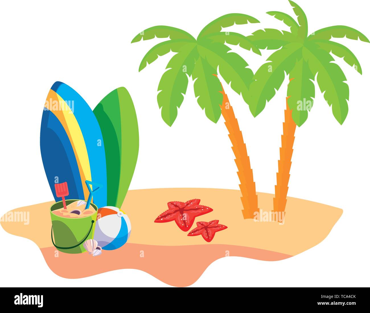 summer beach scene with tree palms and surfboards vector illustration ...