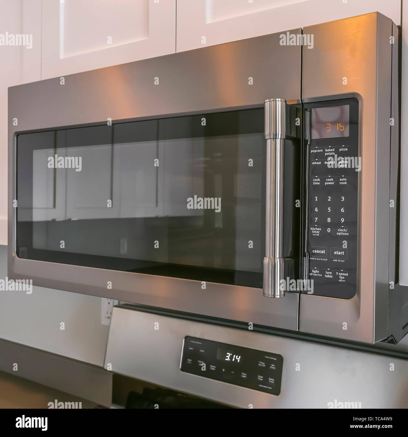 Square Close Up Of A Microwave And White Cabinets Mounted On The