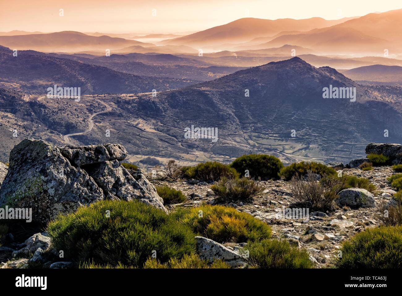 Jew hill in Sierra Paramera and Sierra de Gredos on the background. Avila. Spain. Europe. Stock Photo