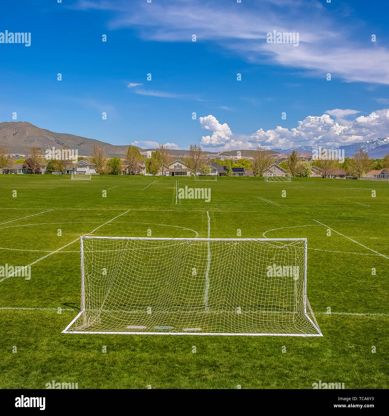 Square Goal nets and markings on a soccer field with houses and trees