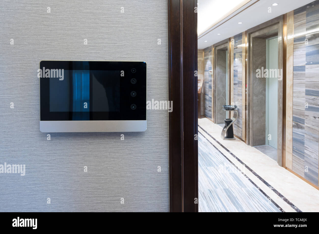 Intercom Video Door Bell On The Wall Outside Modern Corridor Stock
