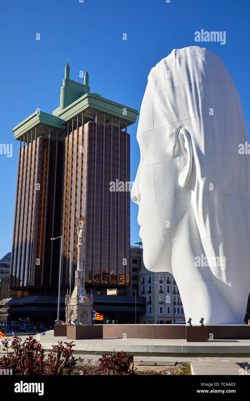 '''Julia'', sculpture by Jaume Plensa, Columbus Towers, Colon Square, Madrid, Spain, Europe Stock Photo