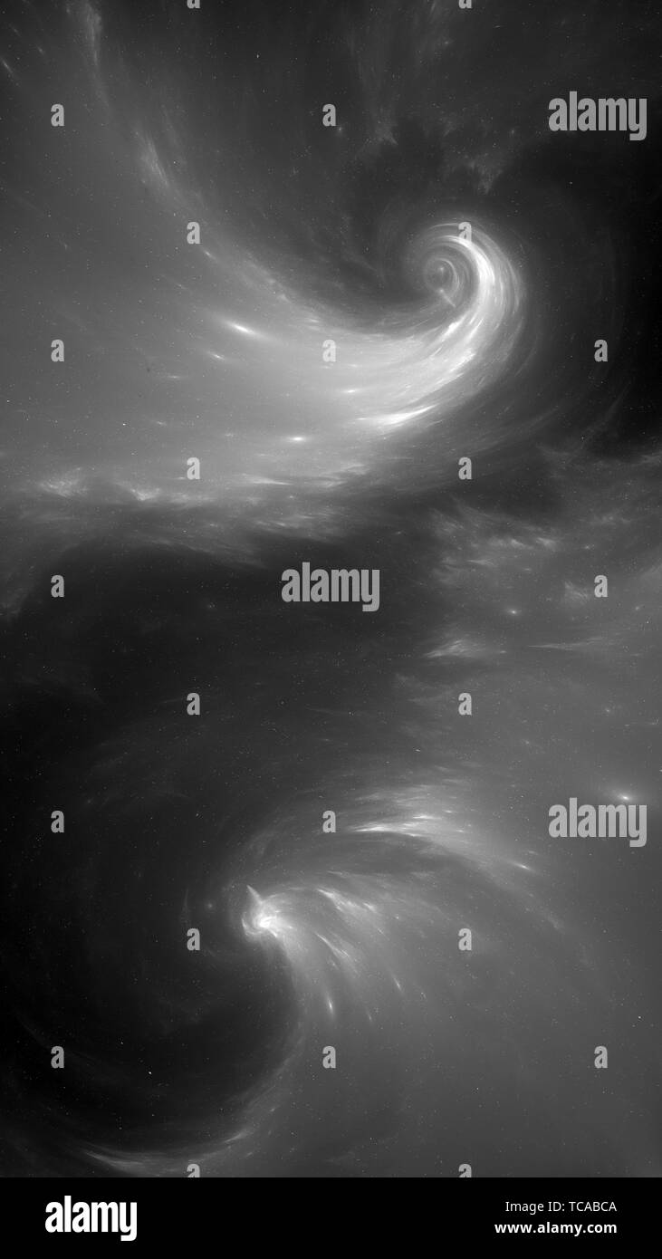 Dual glowing spiral nebula in space black and white effect, computer ...