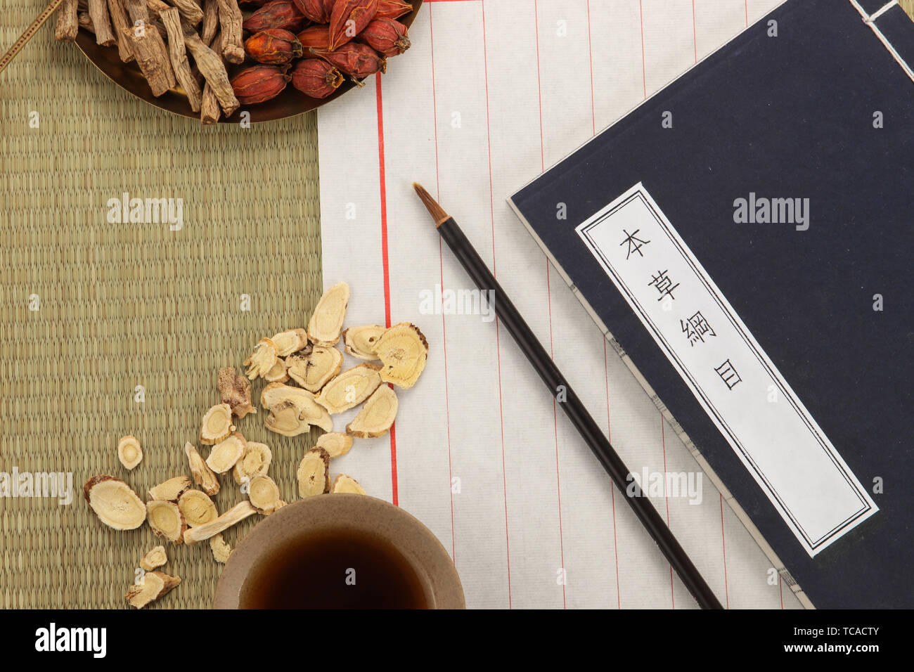 Chinese herbs and prescriptions on the table Stock Photo