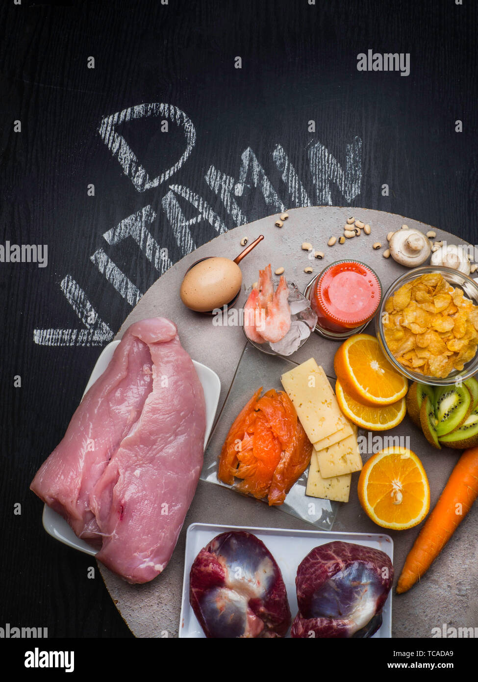 Natural sources of vitamin D and Calcium. Healthy food background. Top