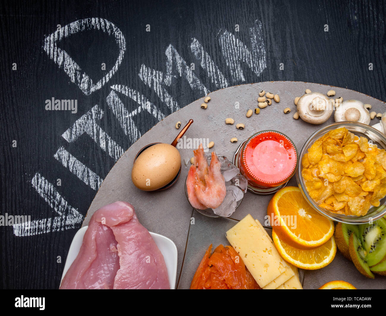 Natural sources of vitamin D and Calcium. Healthy food background. Top