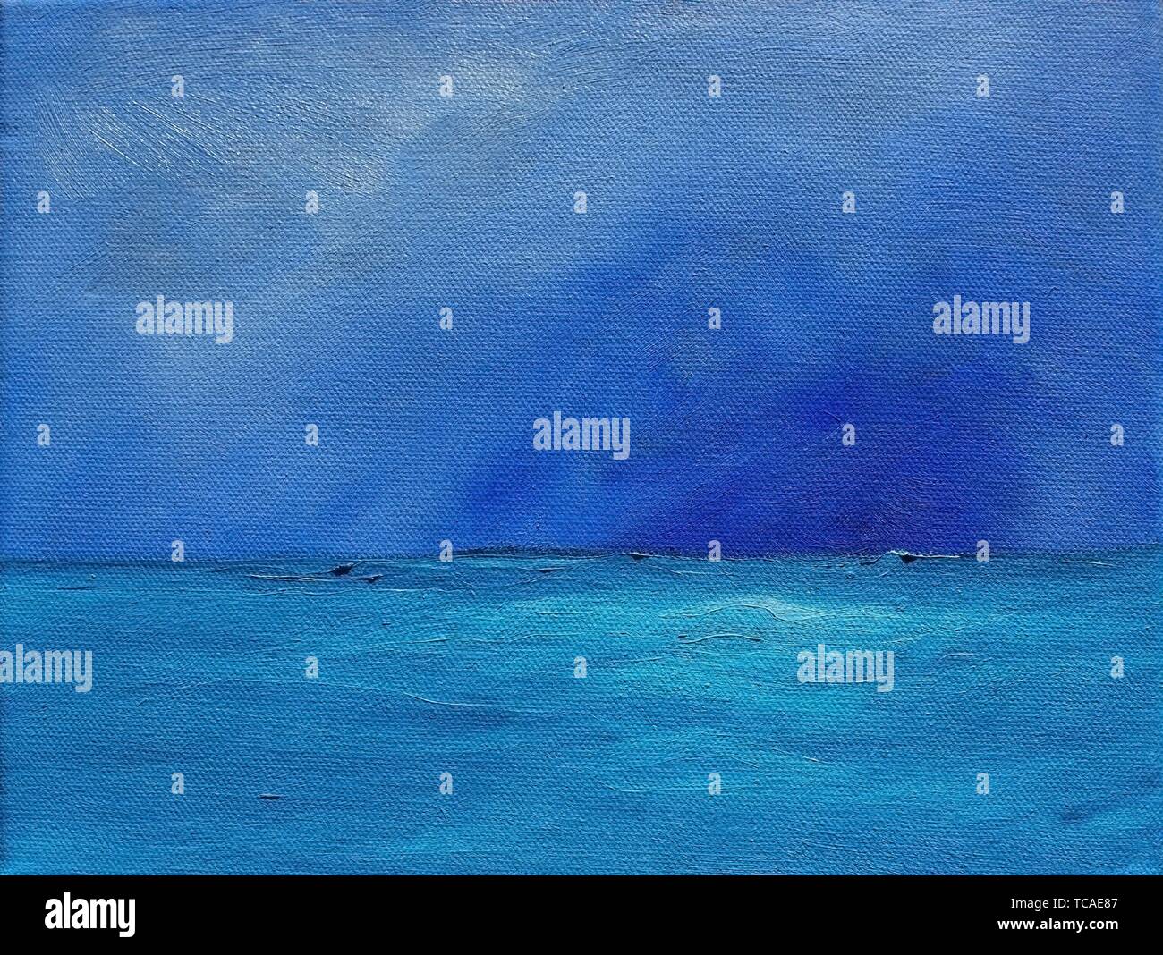 Blue shades sky and ocean abstract saturated oil paint texture background with visible brush strokes. Stock Photo