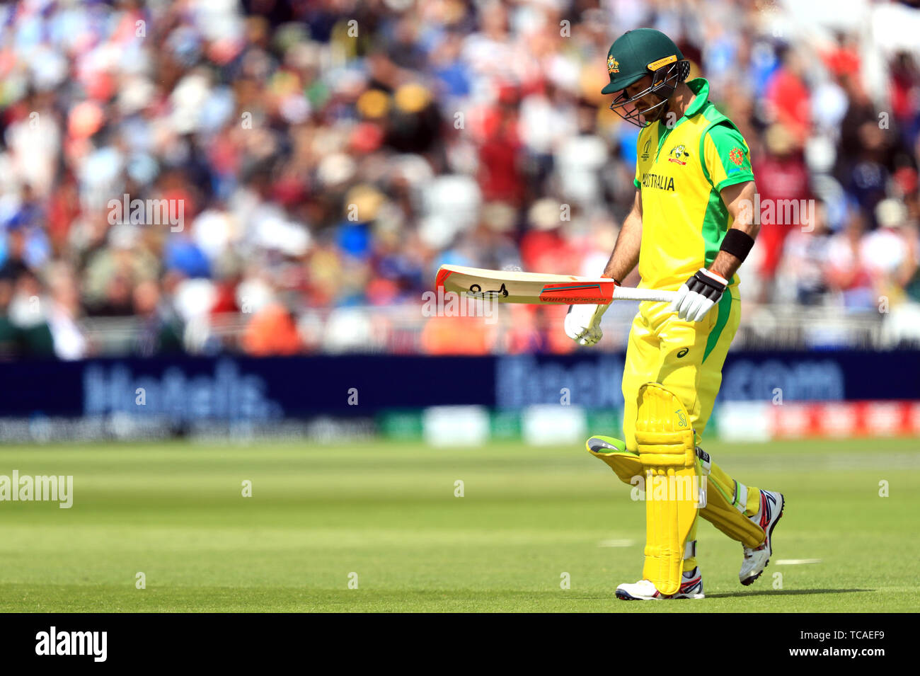 Australia's Glenn Maxwell walks off after being dismissed by West Indies' Sheldon Cottrell (not pictured) during the ICC Cricket World Cup group stage match at Trent Bridge, Nottingham. Stock Photo
