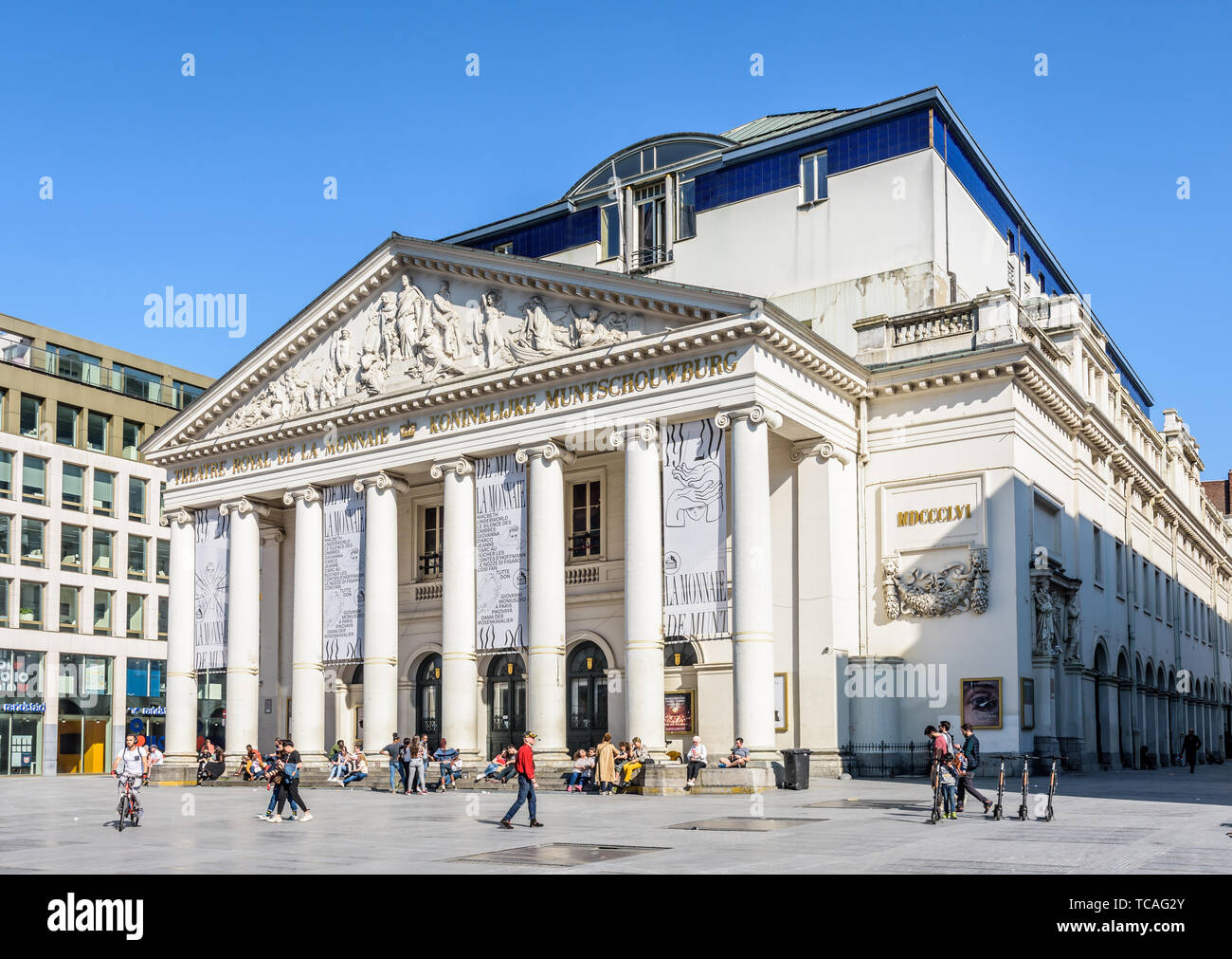 Three-quarter front view of the Royal Theater of the Mint, the opera house in the historic center of Brussels, Belgium. Stock Photo