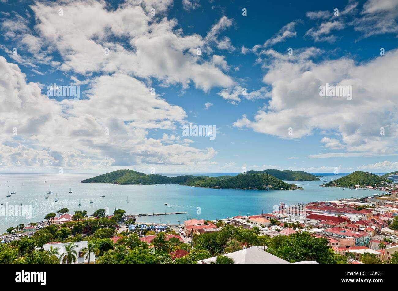 Aerial view of Charlotte Amalie and Harbour of St. Thomas in the U. S