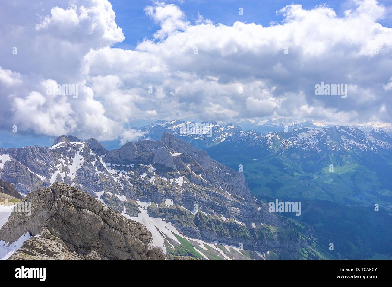 On the peak of Säntis Mountain, Appenzell Alps, Switzerland - view of the surrounding landscape. Auf dem Säntis in den Appenzeller Alpen, Schweiz - Stock Photo
