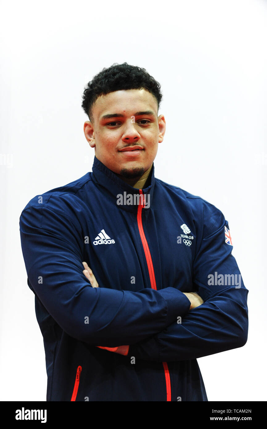 Max Stewart during the kitting out session for the 2019 Minsk European Games at the Birmingham NEC. Stock Photo