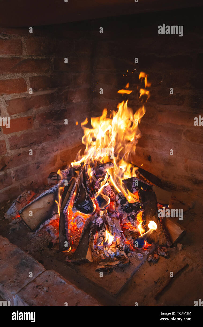 Fireplace fire for preparing traditional croatian dish peka, vertical view Stock Photo