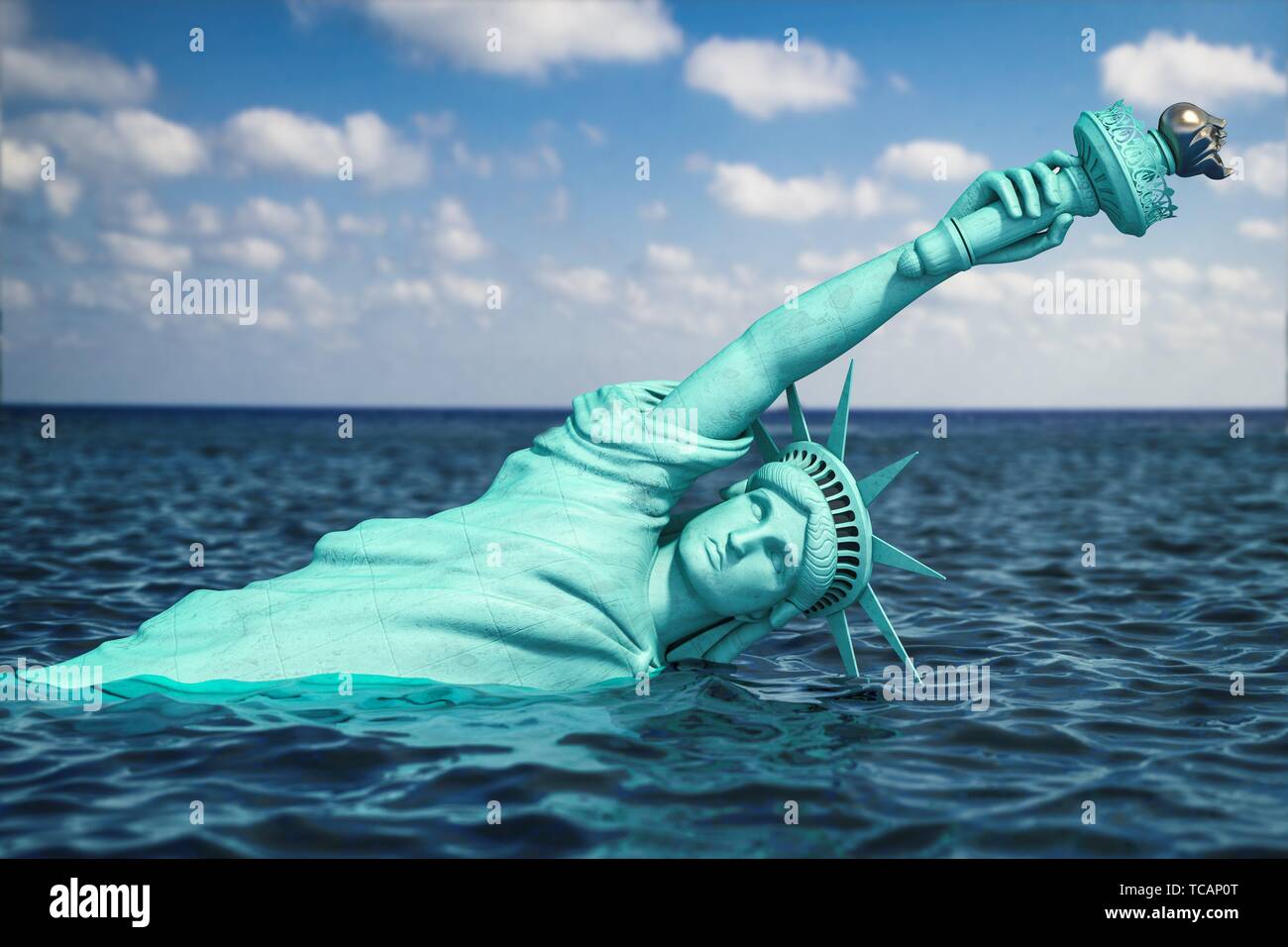Destroyed Statue of liberty half covered by rising ocean level
