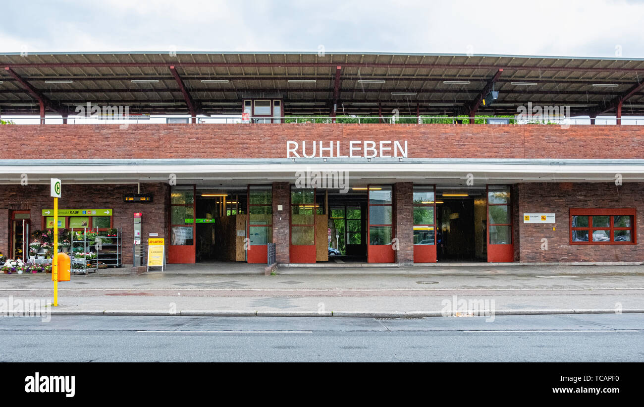 U-Bahn Ruhleben underground railway station is the western terminus of the U 2 line in Westend district, Berlin. Station exterior Stock Photo