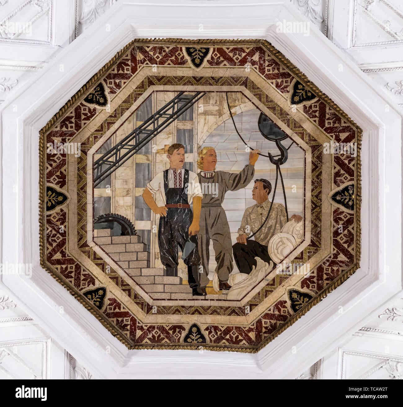 Ceiling mosaic decoration, Novoslobodskaya Station, Moscow Subway, Moscow, Russia Stock Photo