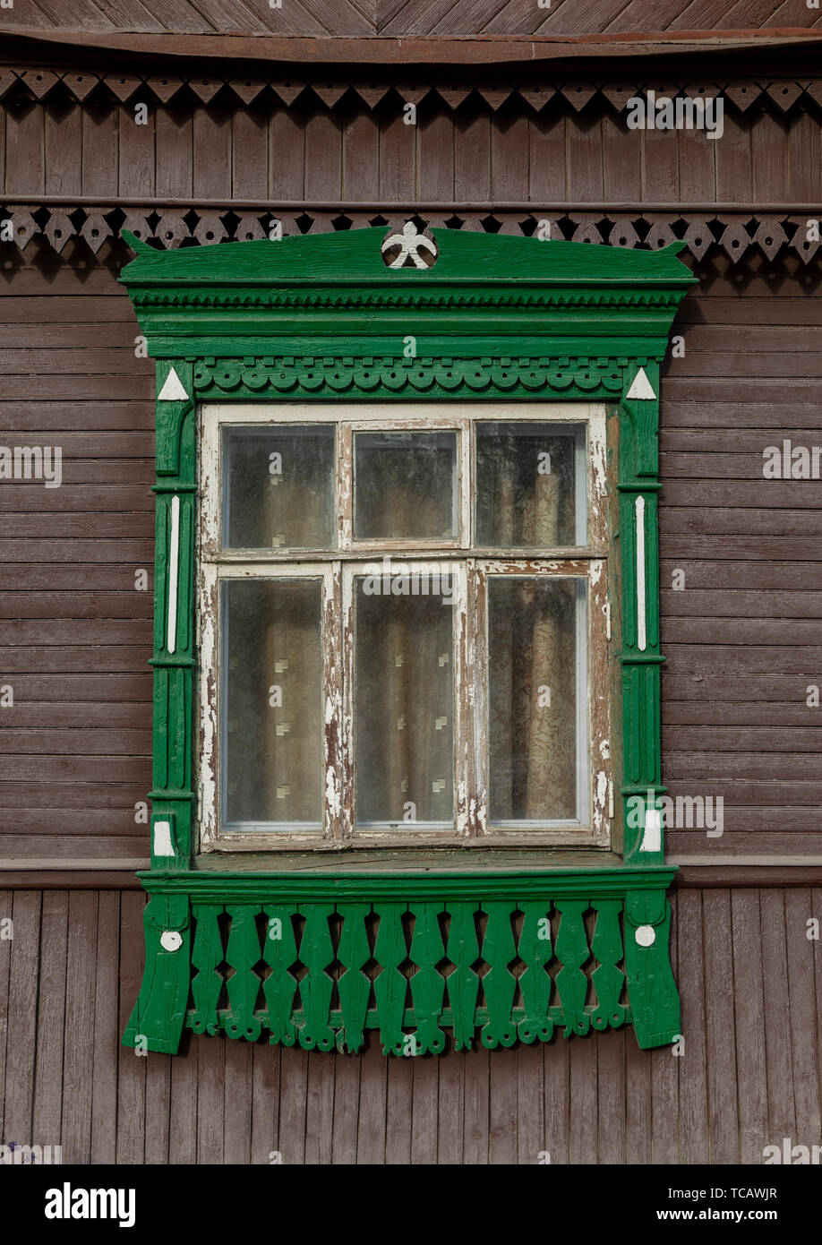 Traditional gingerbread window trim, Ivanova, Russia Stock Photo