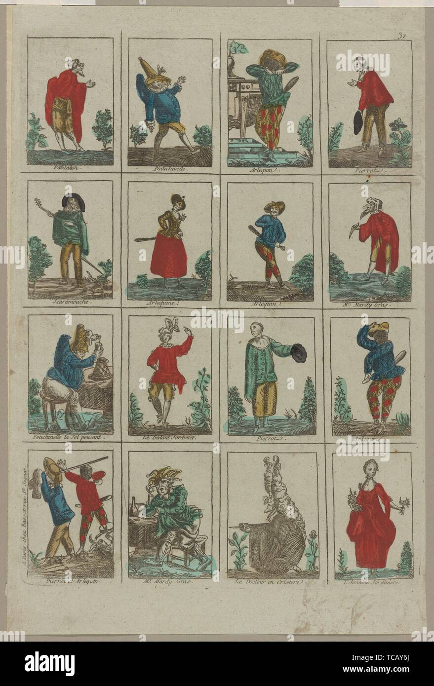 Commedia dell'arte figures. Prints depicting dance Theatrical dancers in groups or more than two but not in a ballet or theatrical dance scene. Date Stock Photo