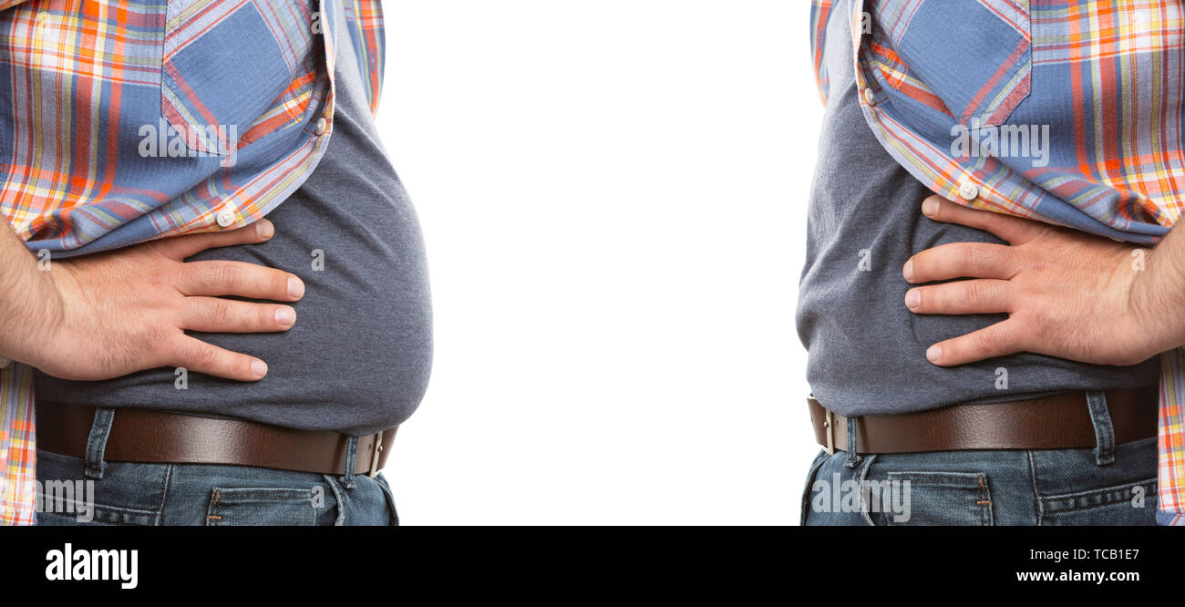 Before and after comparison of man as weight loss concept with blank copyspace for advertising isolated on white background Stock Photo