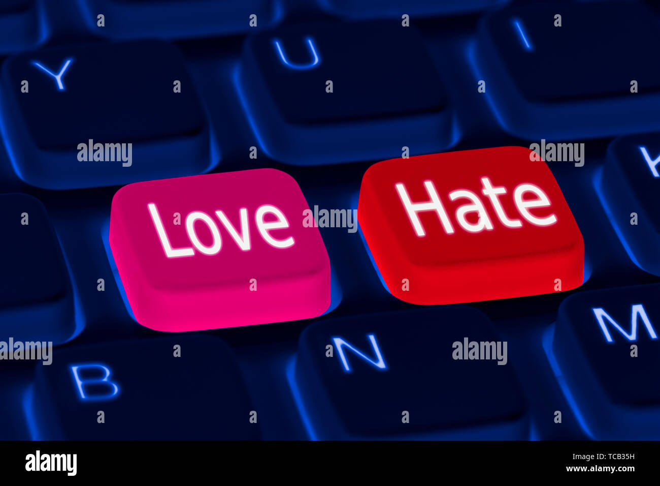Keyboard with Love and Hate buttons on. Love or Hate options concept ...