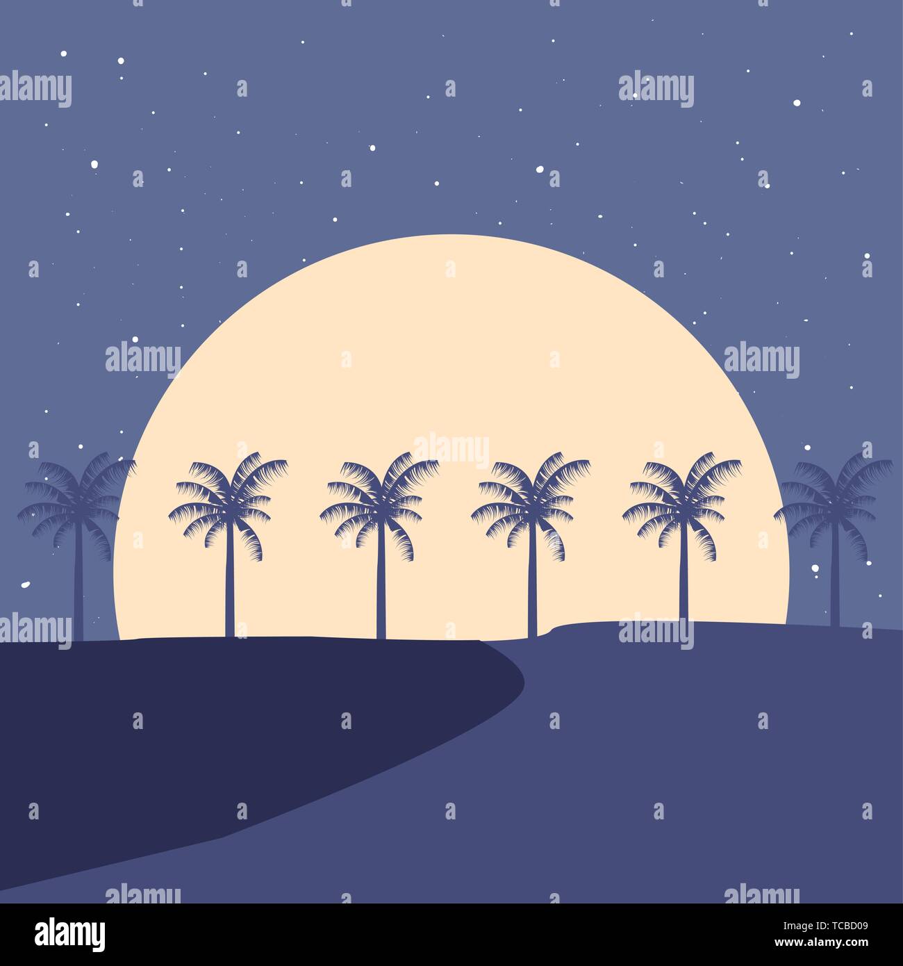 summer time holiday landscape beach palm trees moon night vector ...