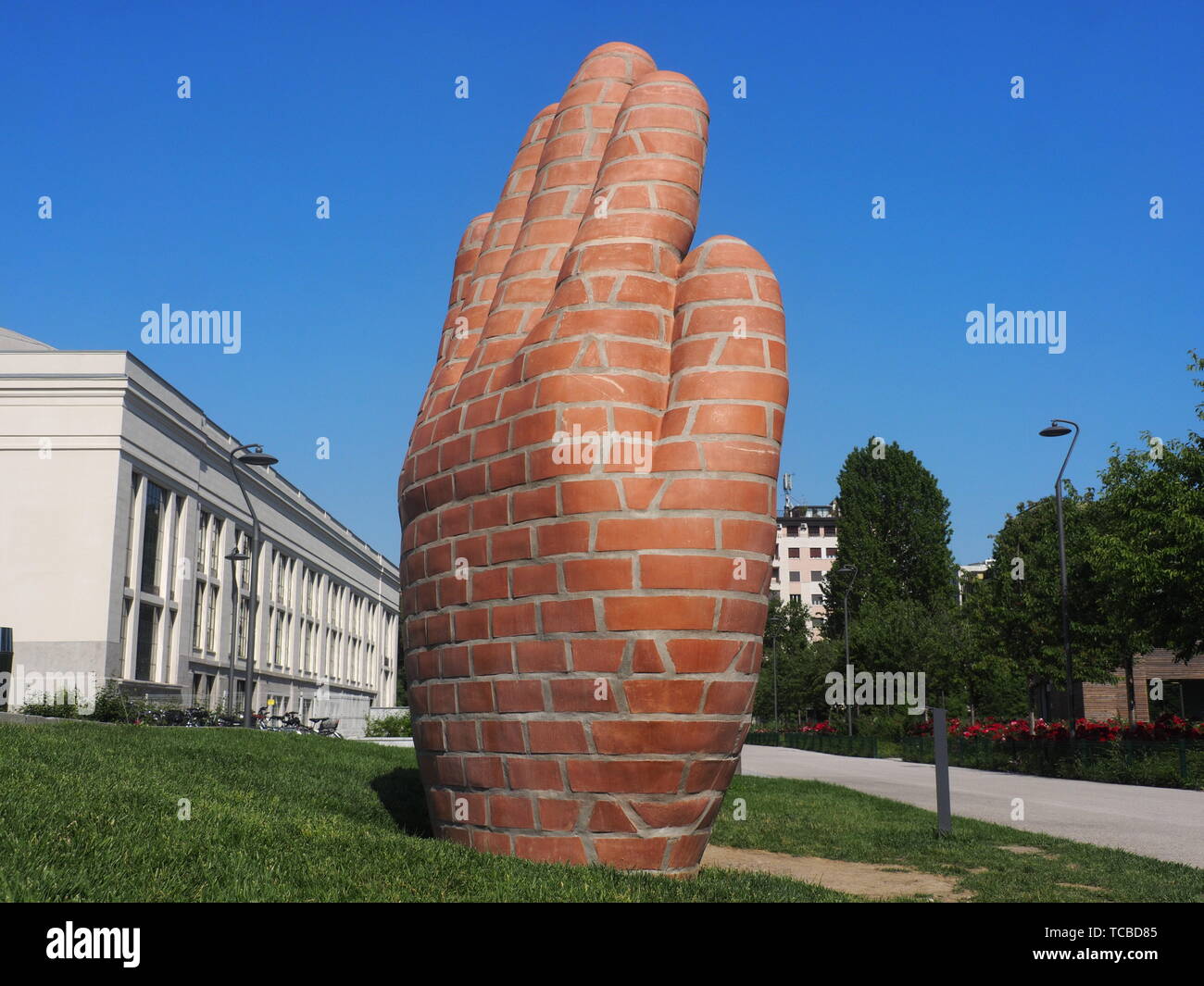 Milan, Italy: 5 june 2019: Modern sculpture in new area  'city life' , Milan, Lombardy, Italy Stock Photo