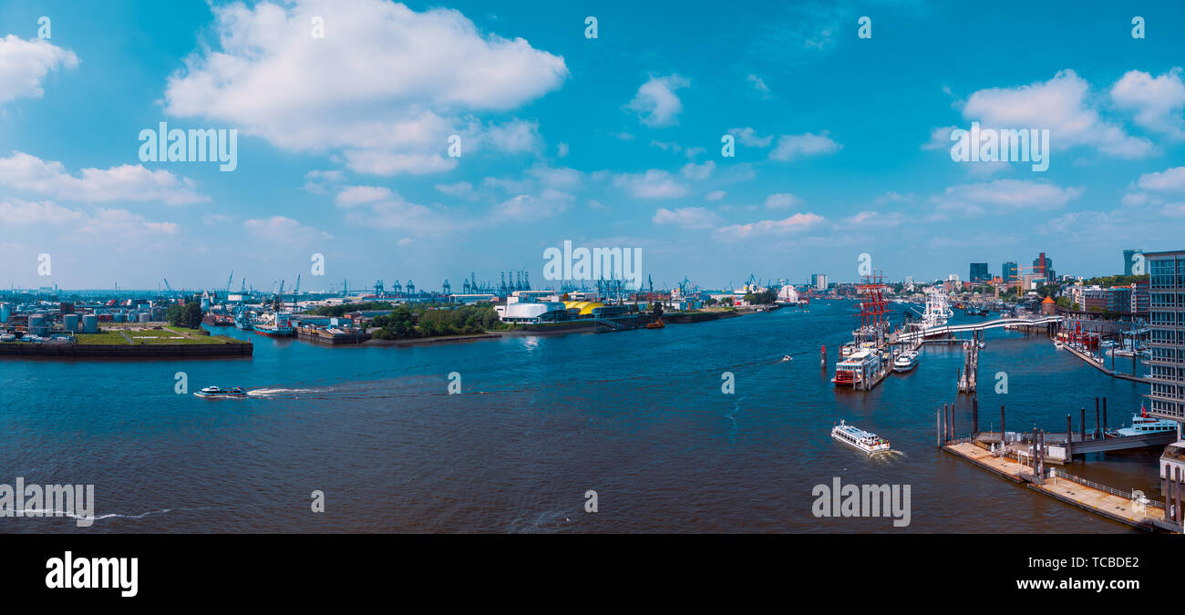 HAMBURG, GERMANY - June 01, 2019: Tourist boats and vessels drive along the river Elbe Stock Photo