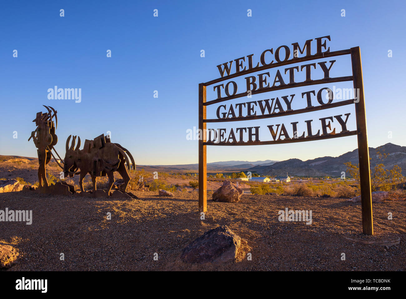 Welcome sign to Beatty located on the road connecting Beatty to Death Valley Stock Photo