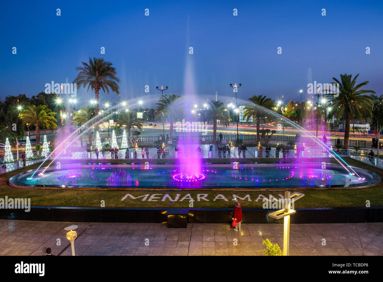 Singing fountain located at the Menara Mall in Marrakech at night Stock Photo