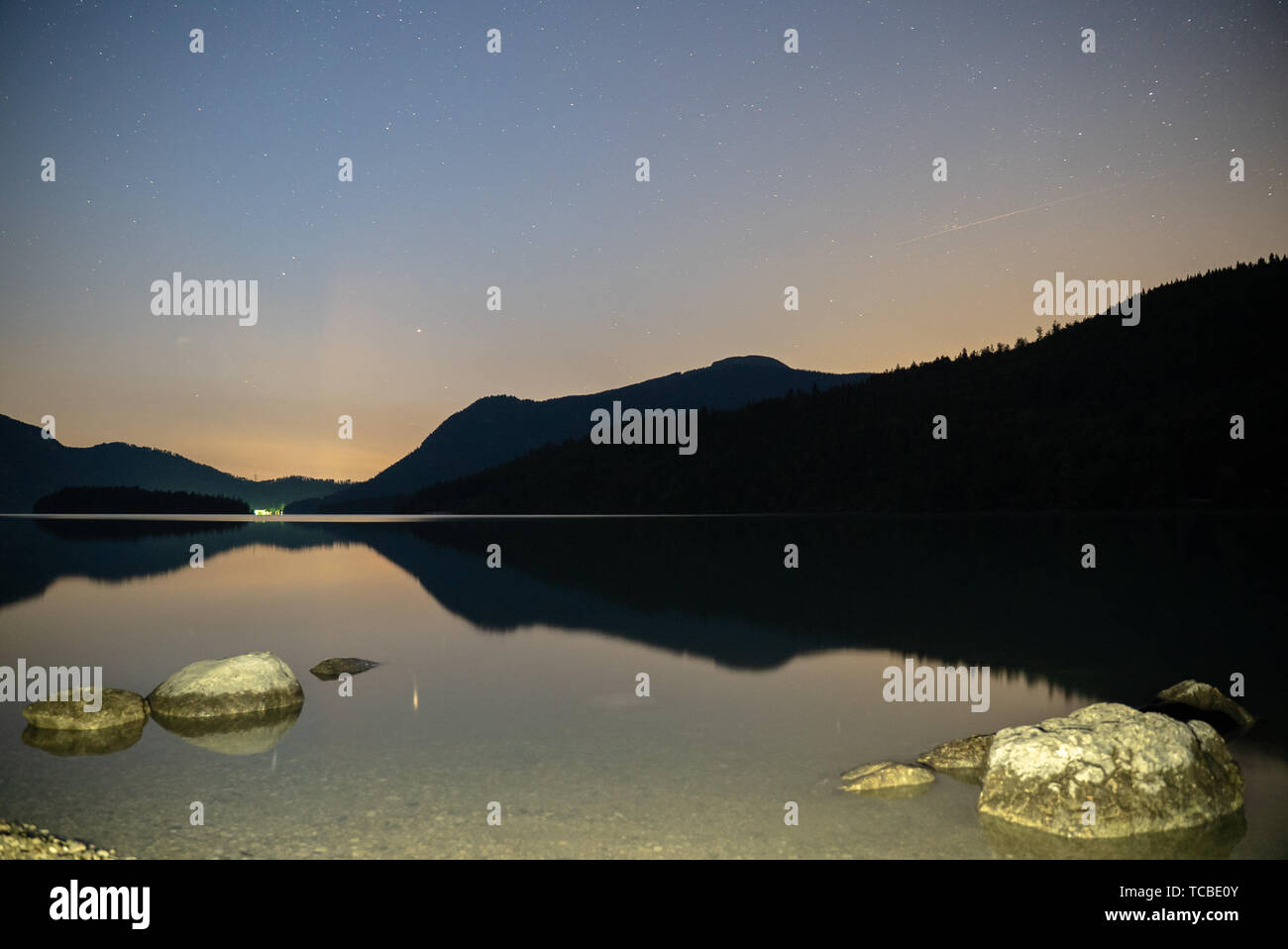 Lake Walchensee with Herzogstand mountain Jochberg, Bavaria, Germany. Night shot Stock Photo