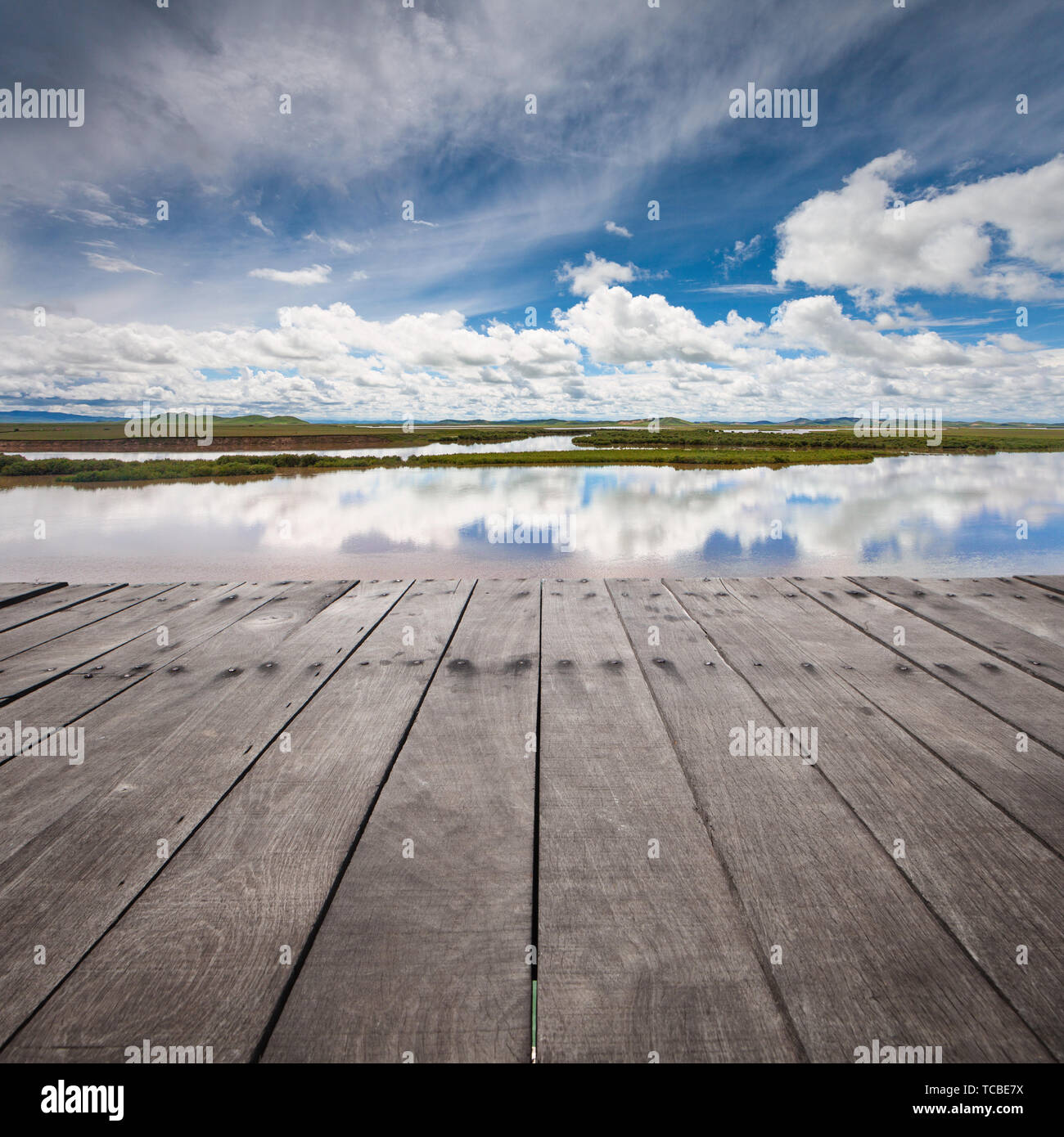 Blue sky and white clouds. Green field and summer forest Stock Photo ...