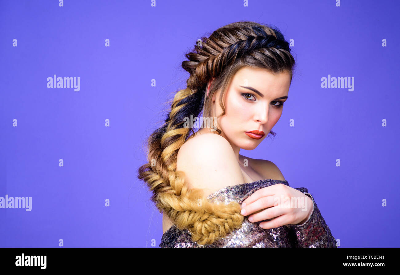 Girl makeup face braided long hair. French braid. Professional hair care  and creating hairstyle. Braided hairstyle. Beautiful young woman with  modern hairstyle. Beauty salon hairdresser art Stock Photo - Alamy