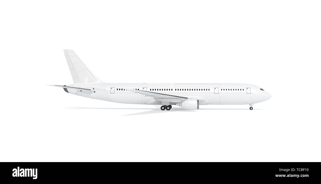 Blank white airplane mockup stand, profile view, 3d rendering. Clear fuselage with portholes in airliner mock up sideview. Empty boeing model chassis opened. Clean air bus with tail and wings. Stock Photo