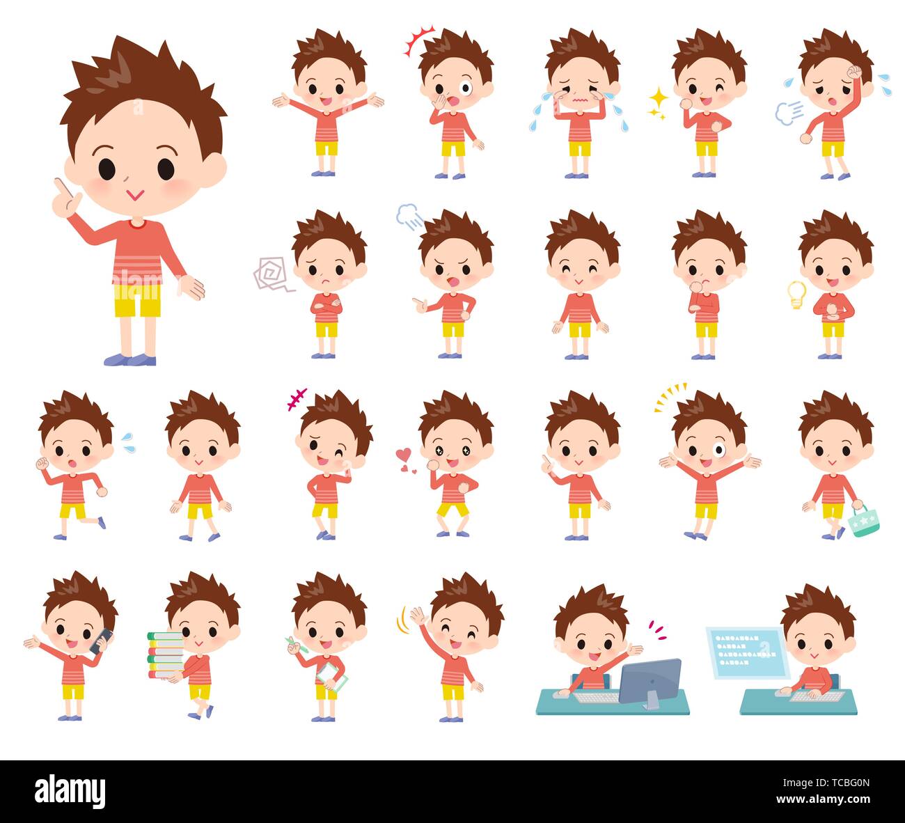 A set of boy with who express various emotions.There are actions related to workplaces and personal computers.It's vector art so it's easy to edit. Stock Vector