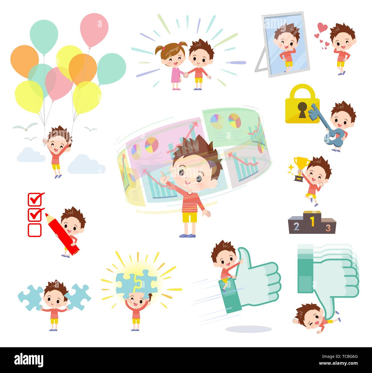 A set of boy on success and positive.There are actions on business and solution as well.It's vector art so it's easy to edit. Stock Vector