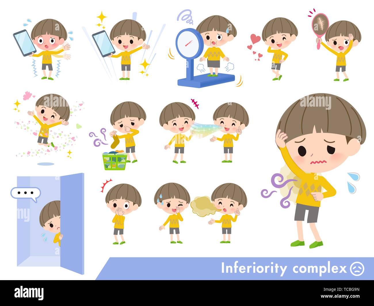 A set of boy on inferiority complex.There are actions suffering from smell and appearance.It's vector art so it's easy to edit. Stock Vector