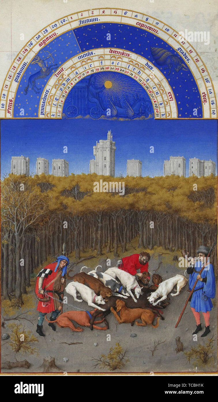 Limbourg brothers- Facsimile December Hunting Wild Boar Stock Photo