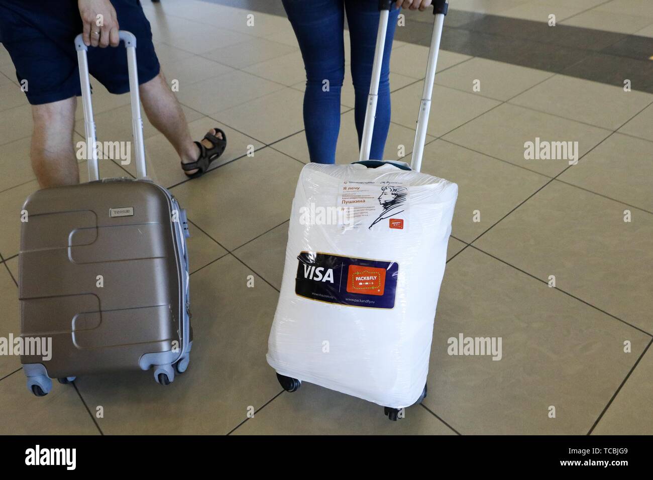 June 5, 2019. - Russia, Moscow. - A label featuring a likeness of Russian  poet Alexander Pushkin on luggage at the Sheremetyevo International  Airport. On 31 May 2019 the President of Russia