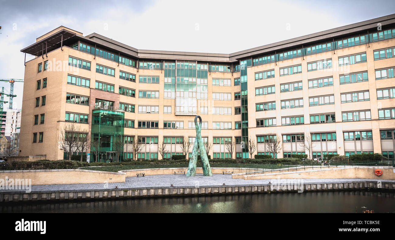 Dublin, Ireland - February 12, 2019: Grand Canal Plaza building in the hi tech center of Downtown Docks on a winter day Stock Photo