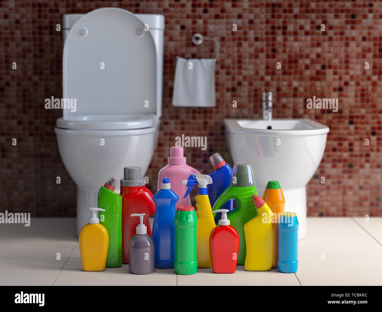 Detergent bottles and containers. Cleaning supplies in wc bathroom toilet interior backgrount