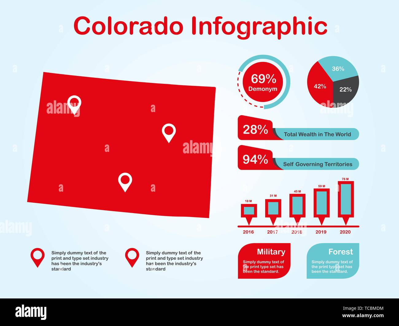 Colorado State (USA) Map with Set of Infographic Elements in Red Color in Light Background. Modern Information Graphics Element for your design. Stock Vector
