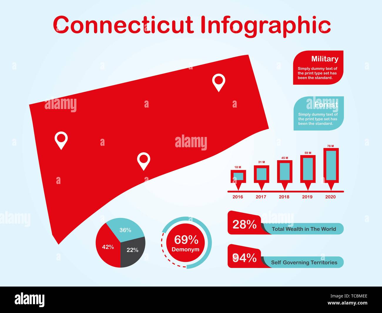 Connecticut State (USA) Map with Set of Infographic Elements in Red Color in Light Background. Modern Information Graphics Element for your design. Stock Vector