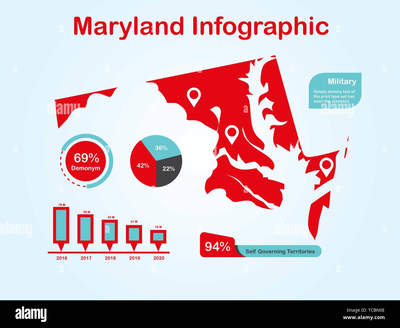 Maryland State (USA) Map with Set of Infographic Elements in Red Color in Light Background. Modern Information Graphics Element for your design. Stock Vector