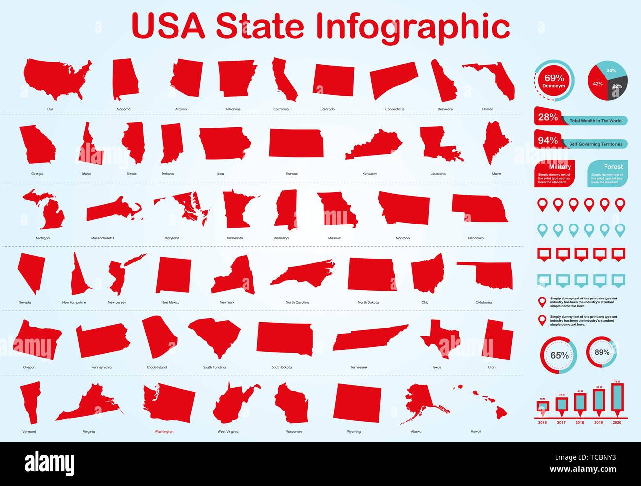 USA All State Map with Set of Infographic Elements in Red Color in Light Background. Modern Information Graphics Element for your design. Stock Vector