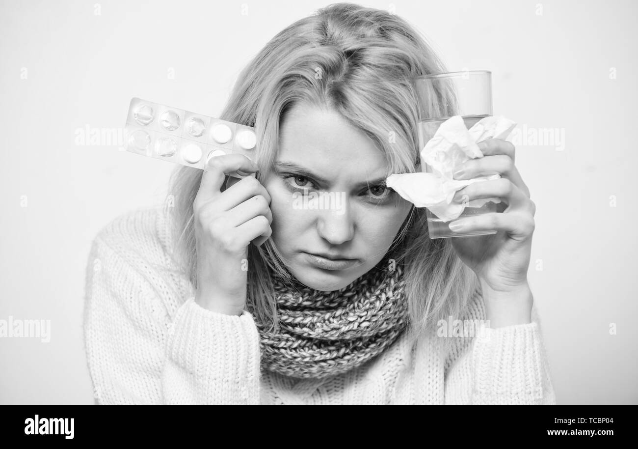 Girl Take Medicine Drink Water Headache And Cold Remedies Flu