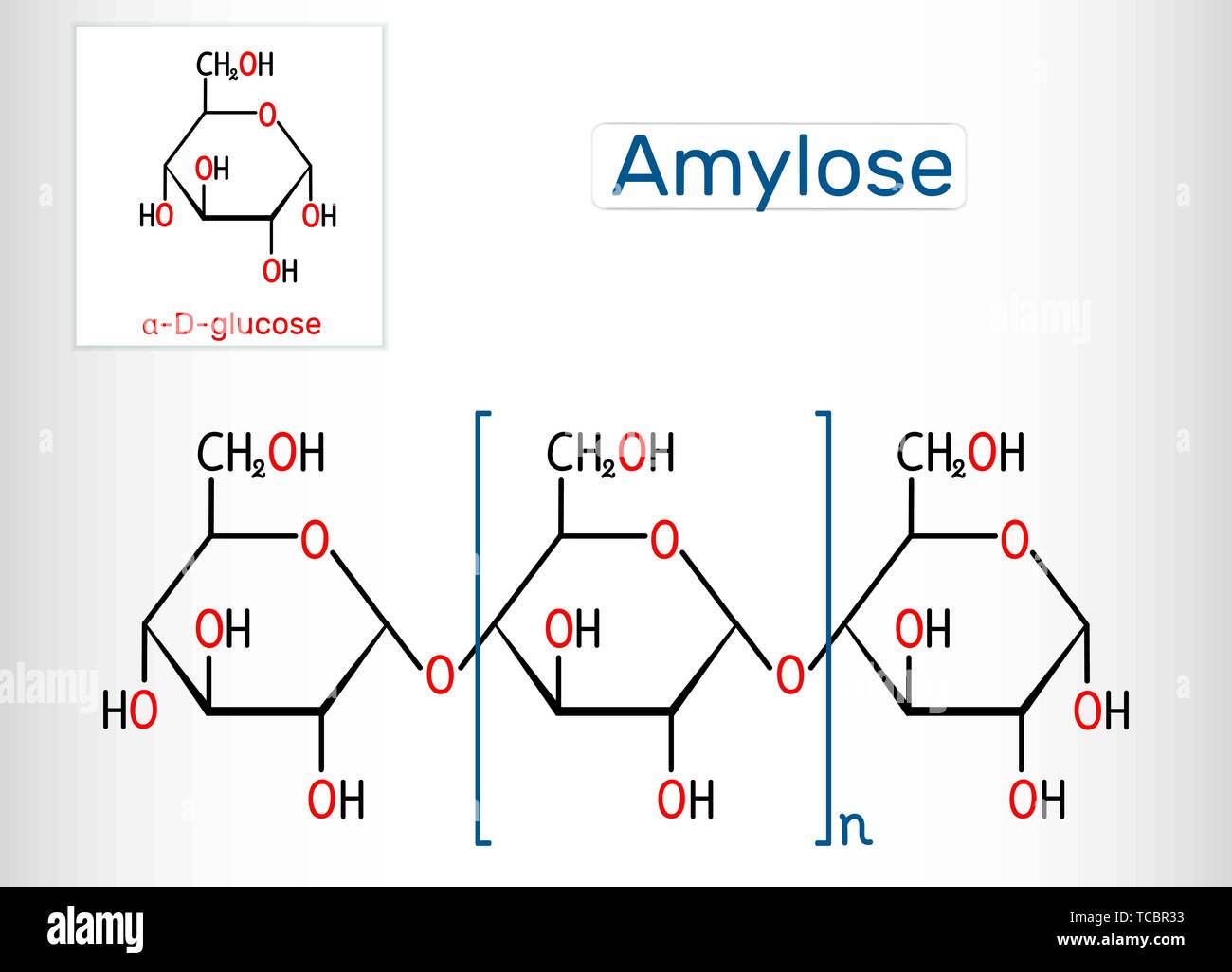 Amylose molecule. It is a polysaccharide and one of the two components of starch. Structural chemical formula. Vector illustration Stock Vector
