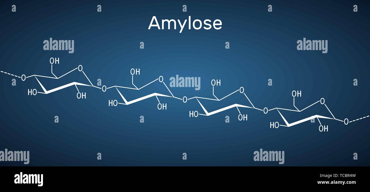 Amylose molecule. It is a polysaccharide and one of the two components of starch. Structural chemical formula on the dark blue background. Vector illu Stock Vector