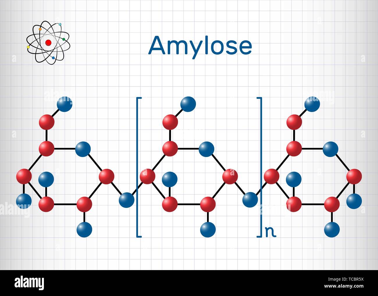 Amylose molecule. It is a polysaccharide and one of the two components of starch. Structural chemical formula and molecule model. Sheet of paper in a  Stock Vector