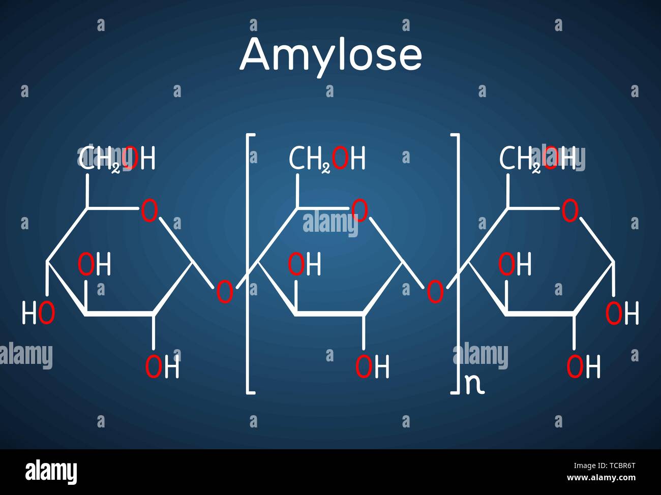 Amylose molecule. It is a polysaccharide and one of the two components of starch. Structural chemical formula on the dark blue background. Vector illu Stock Vector