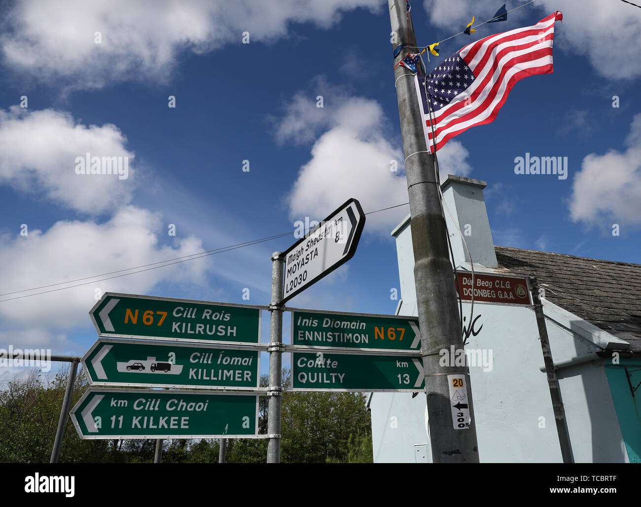 A USA flag flies in the village of Doonbeg, Co Clare, during the visit of US President Donald Trump. Stock Photo